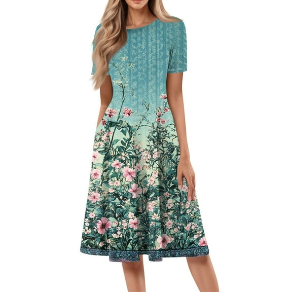 bbyeadc Women's Summer Dresses 2025 Loose Casual Mid-Length Dresses Boho Short Sleeve Crewneck A Line Dress Beach Floral Print Flowy Sundresses with Side Pocket, Green L