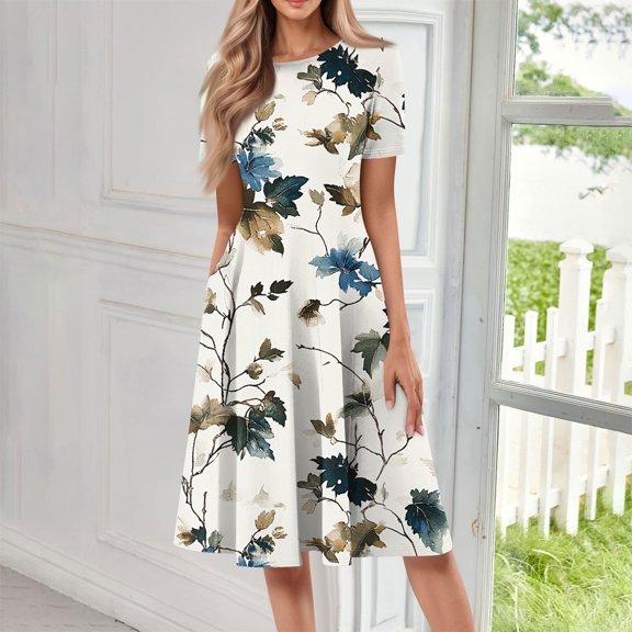 bbyeadc Women's Summer Dresses 2025 Loose Casual Midi Dresses Vintage Short Sleeve Round Neck A Line Dress Beach Floral Print Flowy Sundresses with Side Pocket, Light Blue XL