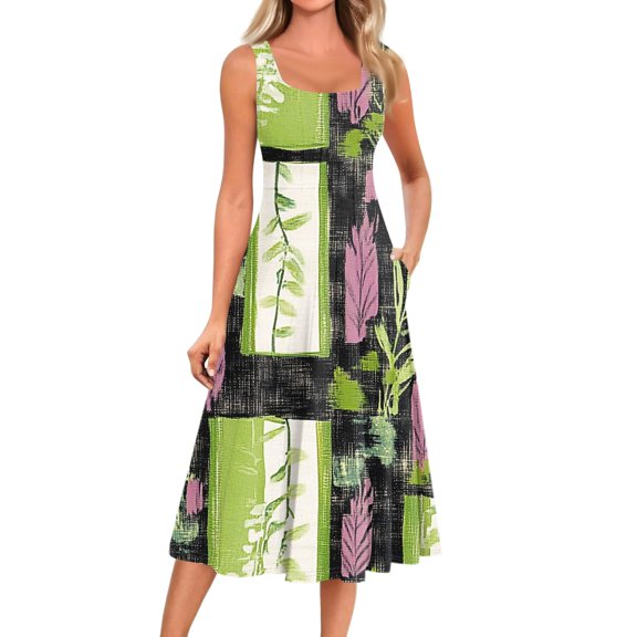 bbyeadc Women's Summer Dresses 2025 Loose Fit Casual Mid-Length Dresses Vintage Sleeveless Crewneck A Line Dress Beach Floral Print Flowy Sundresses with Side Pocket, Green S