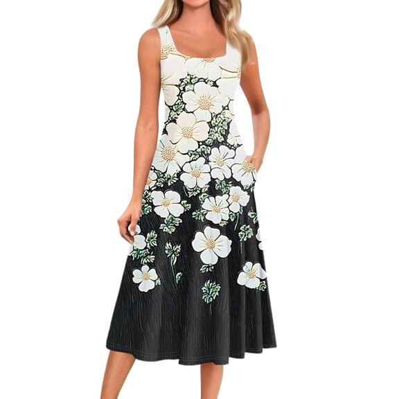 bbyeadc Women's Summer Dresses 2025 Loose Fit Casual Midi Dresses Boho Sleeveless Crewneck A Line Dress Beach Floral Print Flowy Sundresses with Side Pocket, Beige S