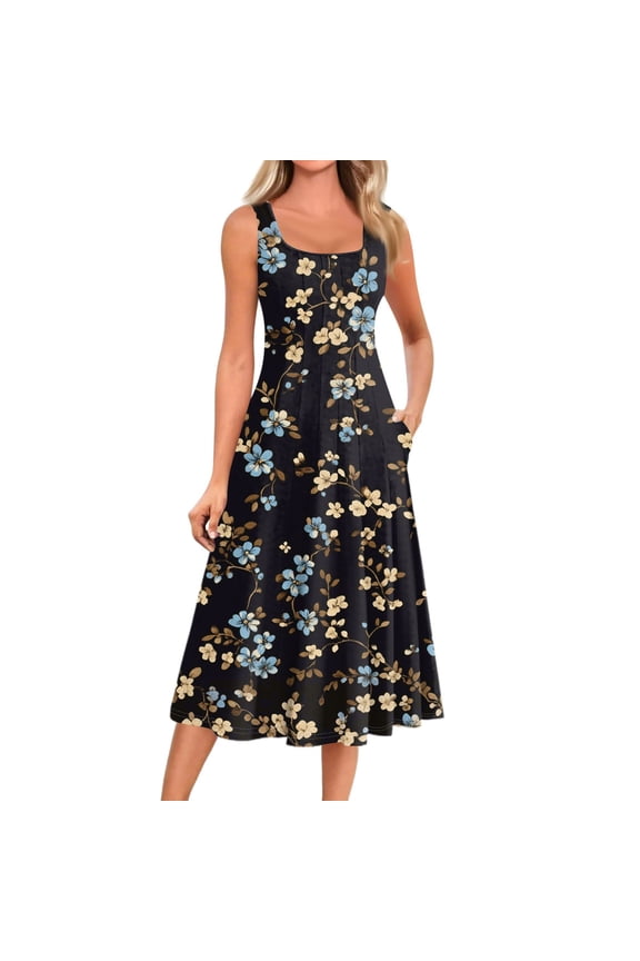 Women's Summer Midi Dresses 2025 Boho Sleeveless Round Neck Mid Length Dresses with Side Pocket Casual Loose Fit A Line Dress Beach Floral Print Flowy Sundresses, Light pink L