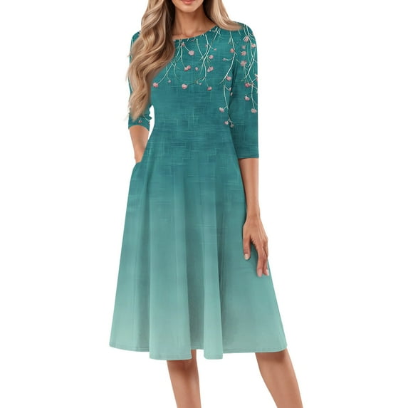 bbyeadc Women's Summer Midi Dresses 2025 Casual Round Neck 3/4 Sleeve A Line Dress Vintage Loose Mid Length Dresses with Side Pocket Beach Sundresses Floral Print Dress, Turquoise S