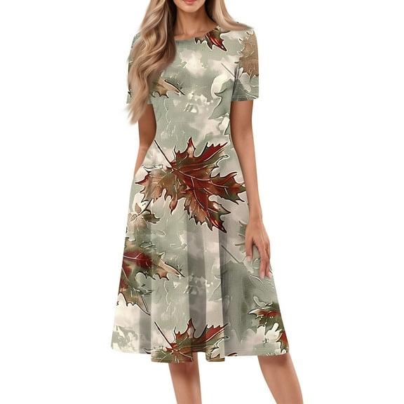 bbyeadc Women's Summer Midi Dresses 2025 Casual Round Neck Short Sleeve A Line Dress Vintage Loose Mid-Length Dresses with Side Pocket Beach Sundresses Floral Print Dress, Light Brown 3XL
