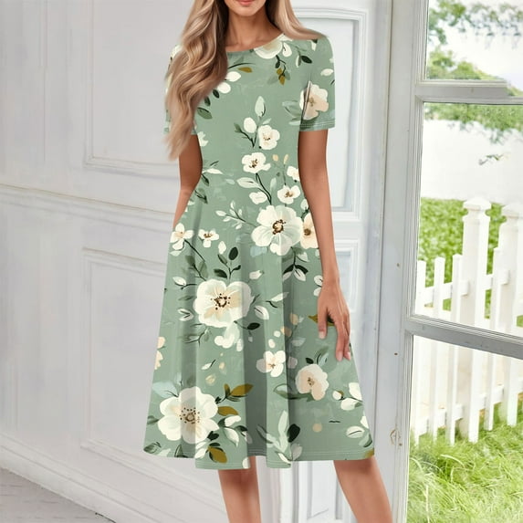 bbyeadc Women's Summer Midi Dresses 2025 Casual Round Neck Short Sleeve A Line Dress Vintage Loose Mid Length Dresses with Side Pocket Beach Sundresses Floral Print Dress, Mint Green S