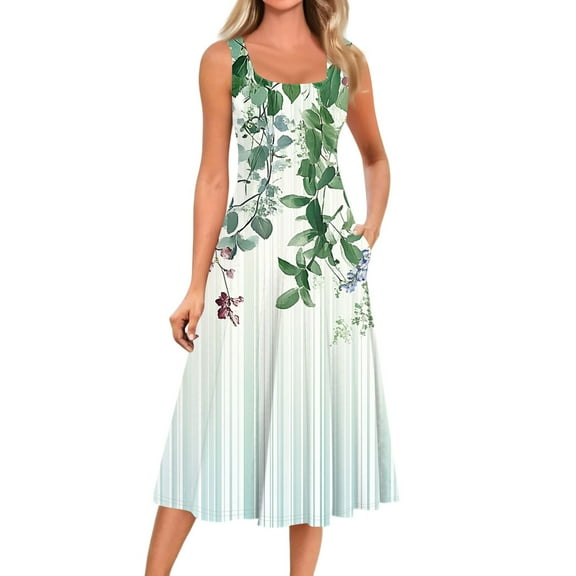 bbyeadc Women's Summer Midi Dresses 2025 Vintage Sleeveless Crewneck Mid Length Dresses with Side Pocket Casual Loose Fit A Line Dress Beach Floral Print Sundresses, Mint Green L