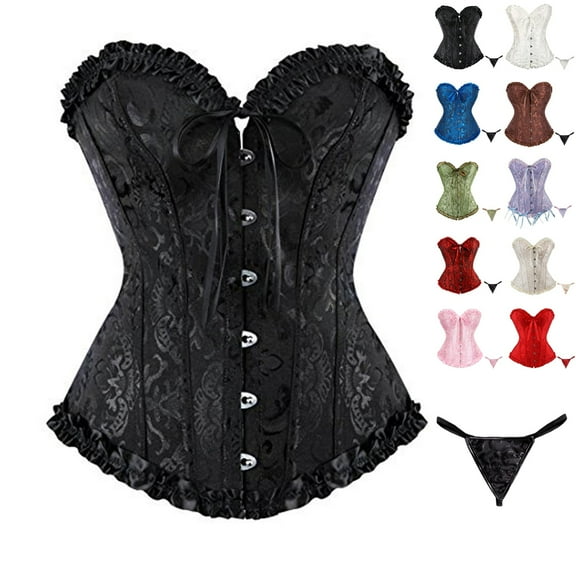 bbyeadc Womens Black Corset Tops Plus Size Gothic Lace Waist Corset Tops Wedding Shapewear Lingerie Satin Floral Push Up Bodyshaper with T Back, Black XL