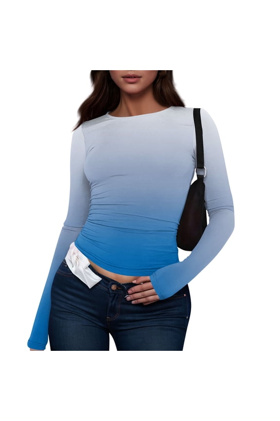 Womens Blue Long Sleeve Shirt Gradient Going Out Strechy Crop Tops Spring Fall Winter Y2k Round Neck Tight Clothes Pullover, Sky Blue M