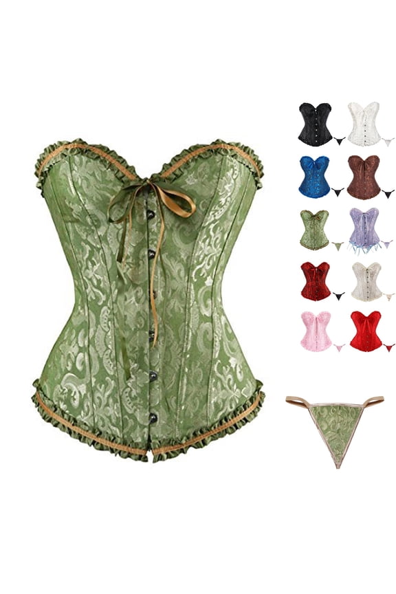 Womens Green Corset Top Plus Size Sexy Lace Waist Corset Top Night Club Bustier Shapewear Lingerie Satin Floral Push Up Bodysuit with T Back, Green 6XL