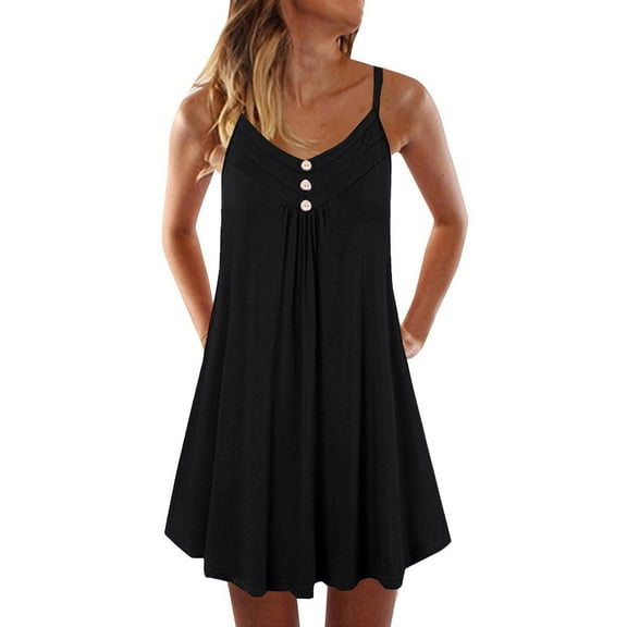 bbyeadc Womens Oversized Summer Swimsuits Curved Hem Spaghetti Strap Dress Casual Button V Neck Ruched Front Dresses (Black, XL)