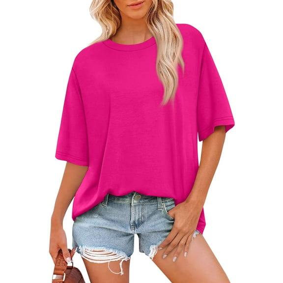 bbyeadc Womens Pink T Shirts Loose Fit Short Sleeve Tees Crew Neck Solid Color Summer Tops 2025 Casual | Hot Pink, S