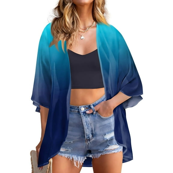 bbyeadc Womens Plus Size Shrugs and Chiffon Cardigans 3/4 Sleeve Ruffle Cardigan for Women Lightweight Open Front Shrug Cardigan Gradient Dressy Casual Soft Chiffon Cardigans, Sky Blue L