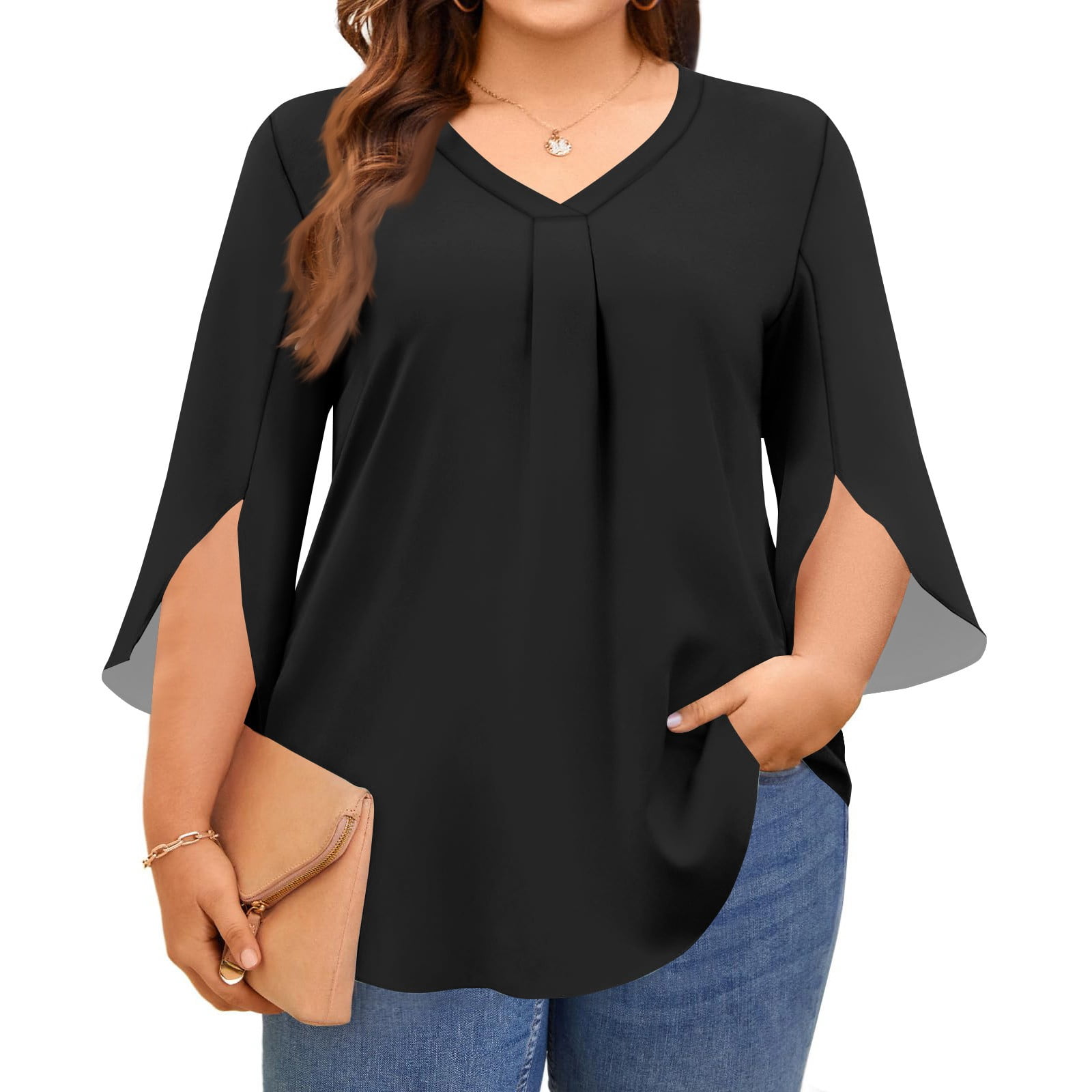 bbyeadc Womens Plus Size Tops Ruched Split Cuff 3/4 Sleeve Tee Tops ...