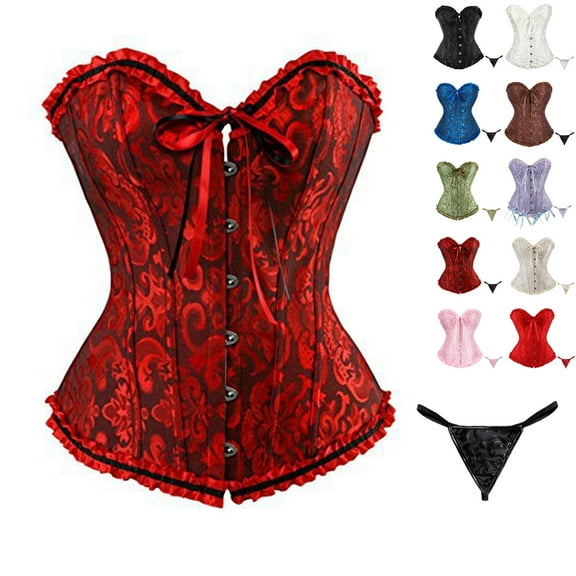 bbyeadc Womens Red Corset Top Plus Size Y2k Lace Up Boned Corset Tops Night Out Bustier Shapewear Lingerie Satin Floral Push Up Bodysuit with T Back, Wine 6XL