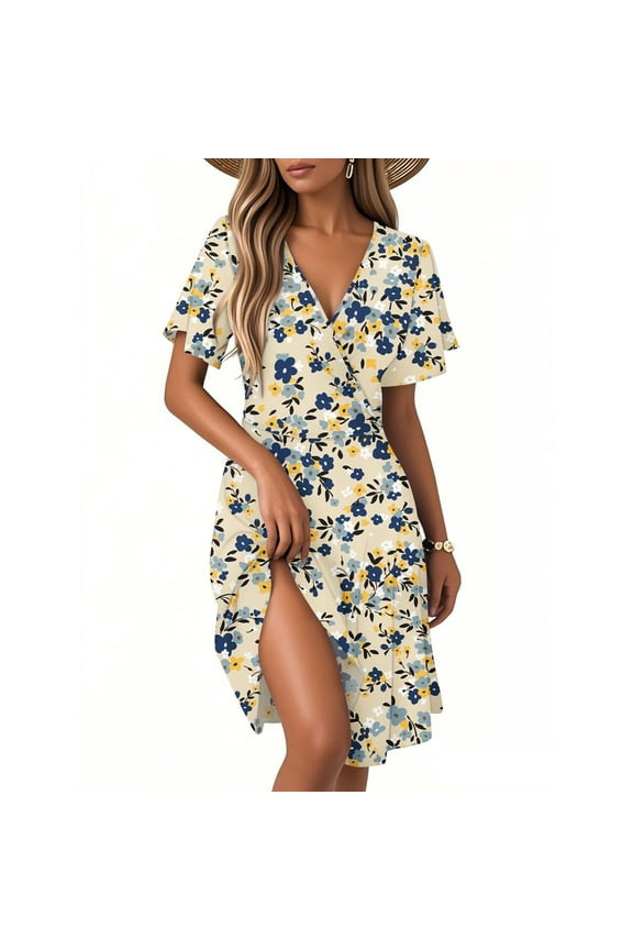 Womens Spring Midi Dresses Plus Size Ruffle Short Sleeve Mid-Length Dresses Casual Wrap V Neck Boho Wedding Guest Dress Women Spring Flowy Vacation Fashion Bridal Outfits, Khaki M