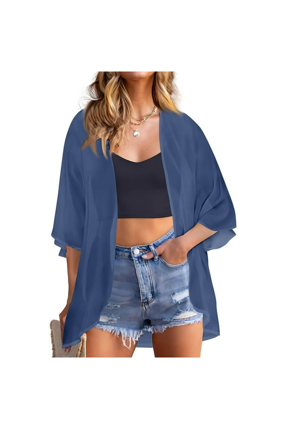 Womens Spring Shrugs or Sweaters Long Sleeve Chiffon Cardigan for Women Lightweight Open Front Shrug Cardigan Tie Dye Print Dressy Casual Tie Dye Cardigan, Dark Blue L