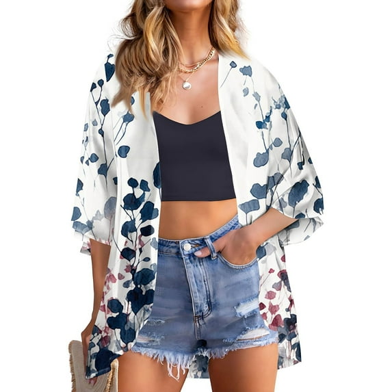 bbyeadc Womens Summer Chiffon Cardigan 3/4 Sleeve Dusters for Women Lightweight Open Front Shrug Cardigan Ethnic Floral Dressy Casual Soft Outwear Coat, Navy M