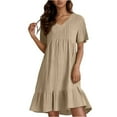 thumbnail image 1 of bbyeadc Womens Summer Dresses Casual Ruffle Tiered Layered Aline Dresses Trendy Textured Short Sleeve Cocktail Dresses Swing V-Neck Beach Cover-Up, Khaki 2XL, 1 of 5