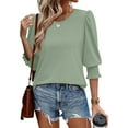 thumbnail image 1 of bbyeadc Womens Summer T-Shirts 2025 Round Neck Smocked Cuff Ruched Shirts 3/4 Sleeve Dressy Casual Loose Basic Trendy Tops Summer Solid Business Casual Blouses, Light Green L, 1 of 7