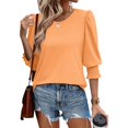 thumbnail image 1 of bbyeadc Womens Summer Tops 2025 Crew Neck Smocked Cuff Ruched Shirts 3/4 Sleeve Dressy Casual Loose Fit Basic Trendy Tops Summer Basic Business Casual Blouses, Orange XL, 1 of 7