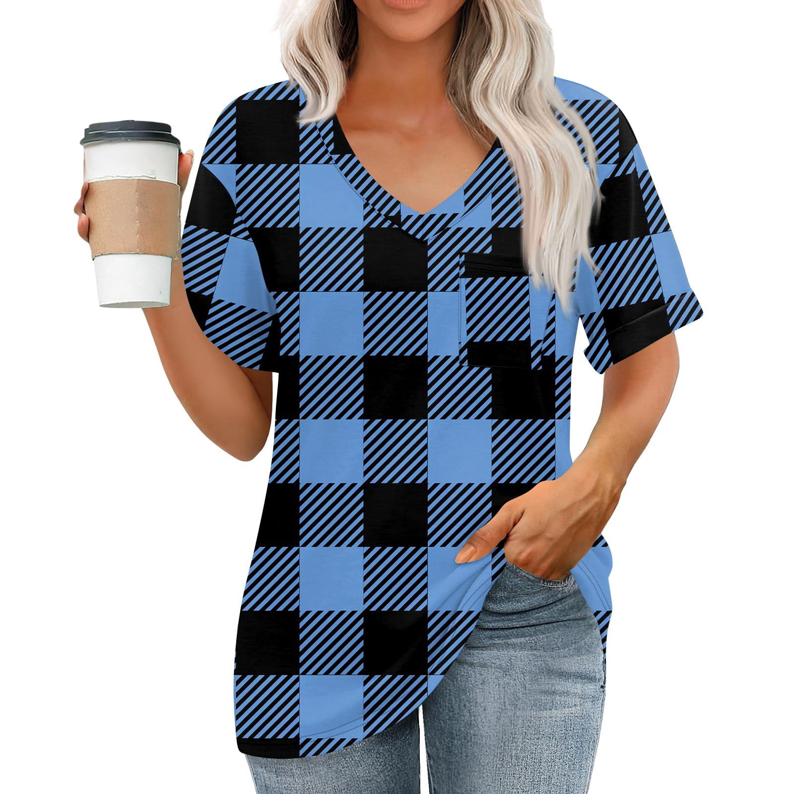 Florboom Women's Plus Size V-Neck T-Shirt - Short Sleeve Casual Top (Royal Blue, 3X) 3 thumbnail image