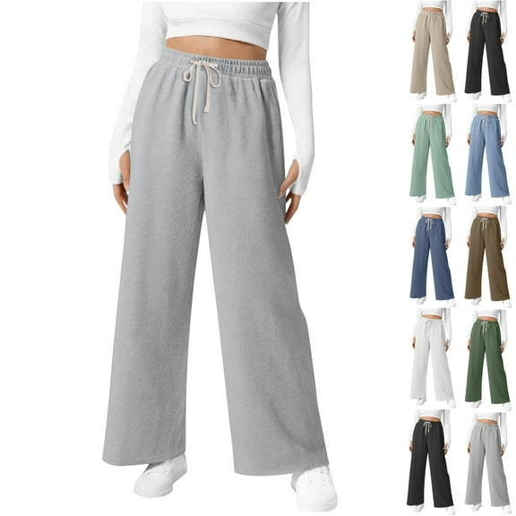bbyeadc Womens Waffle Pants Casual Textured Knit Pants Loose Light Wide Leg Trousers Baggy Lounge Pant Fashion Sweatpants, Gray L