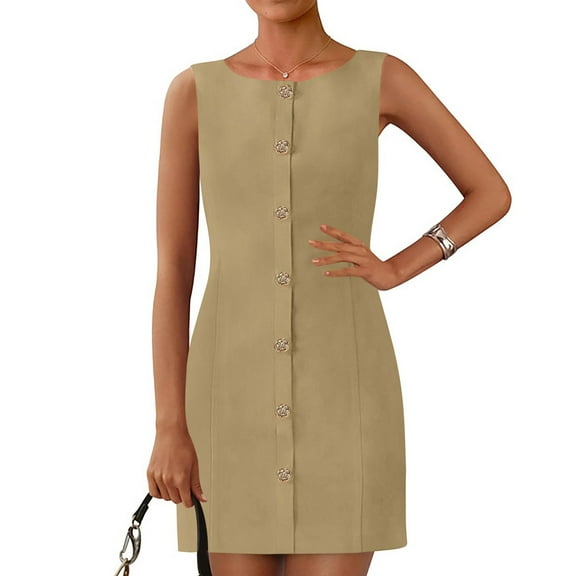 bbyeadc Womens Work Dresses Sleeveless Zipper Button Up Wedding Guest Short Dresses Trendy Boat Neck Comfy Professional Dress Women Fitted Basic Summer Outfits, Khaki M