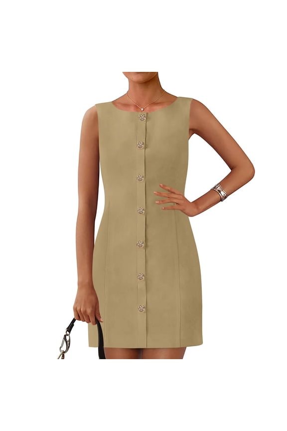 Womens Work Dresses Sleeveless Zipper Button Up Wedding Guest Short Dresses Trendy Boat Neck Comfy Professional Dress Women Fitted Basic Summer Outfits, Khaki M