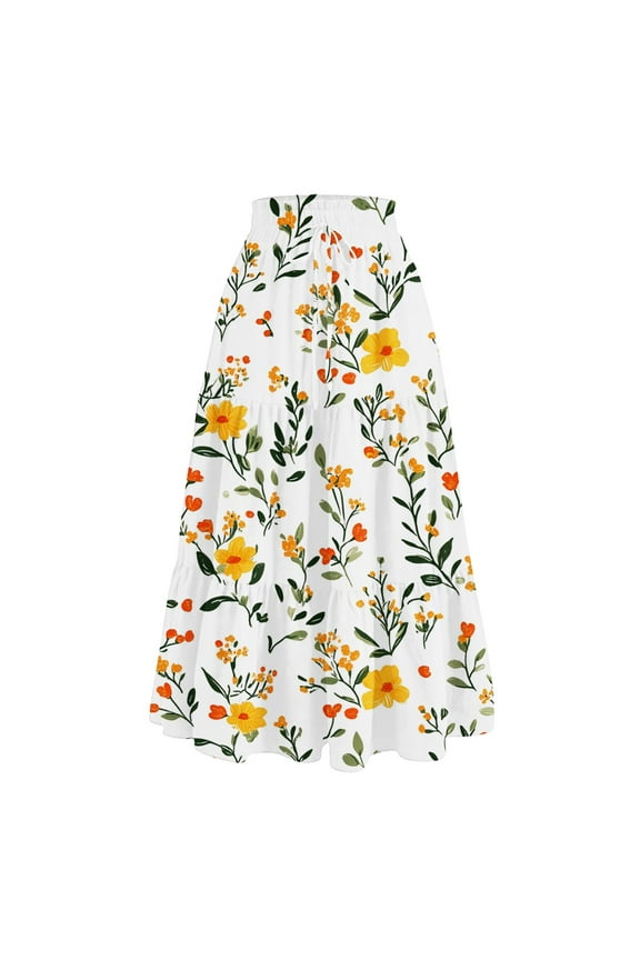 Yellow Long Skirts for Women Tiered Elastic High-Waist Floral Skirt Comfy Drawstring Summer Beach Skirt Trendy Pleated Floral Skirts Women Midi Length, Yellow XL