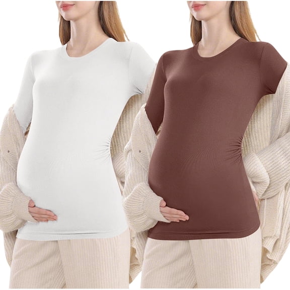 bbymog 2 pack Maternity Shirts Solid Color Long Sleeve Crewncek Tops Pregnancy Clothes Brown XL