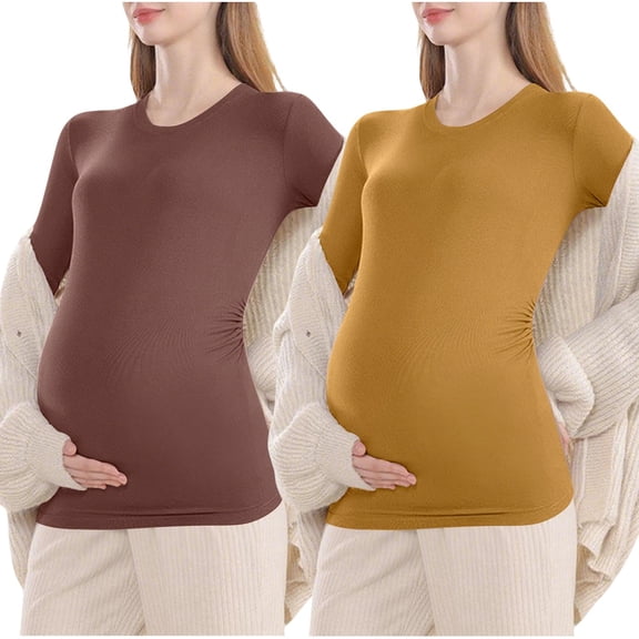 bbymog 2 pack Maternity Shirts Solid Color Long Sleeve Crewncek Tops Pregnancy Clothes Dark Gray XL
