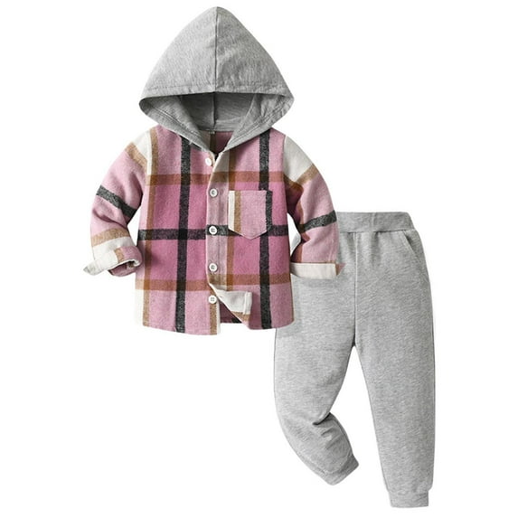 bbymog 2 piece Kids Clothes Girls Outfits Fashion Plaid Long Sleeve Hooded Sweatshirt and Joggers Pants Athletic Casual Boys' Clothing Sets Pink 3 Years
