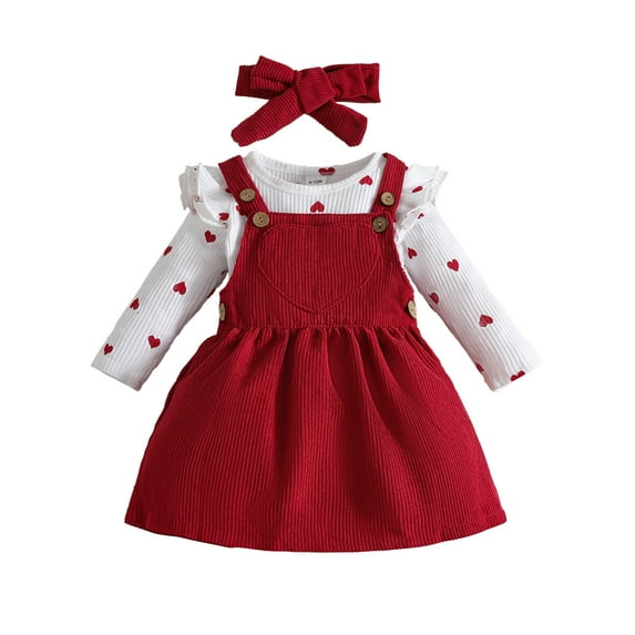 bbymog Baby Outfits Girl Ruffle Long Sleeve Toddler Romper and Corduroy Skirt Set with Cute Headband Fall Winter Girls' Clothing Sets Red 9-12 Month