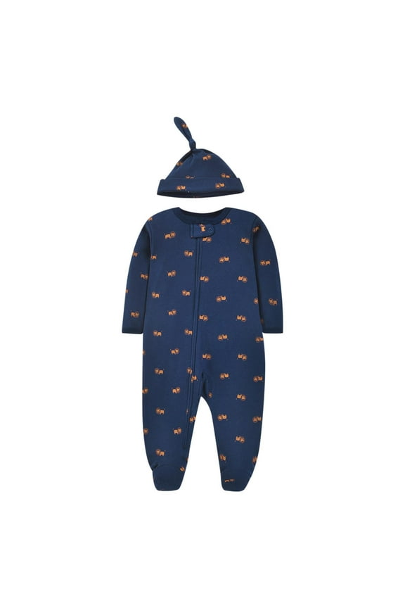 Baby and Toddler Boys' Footed One-Piece Romper Jumpsuit Cotton Hat Baby Boy Outfits Newborn Clothes Dark Blue 9-12 Months