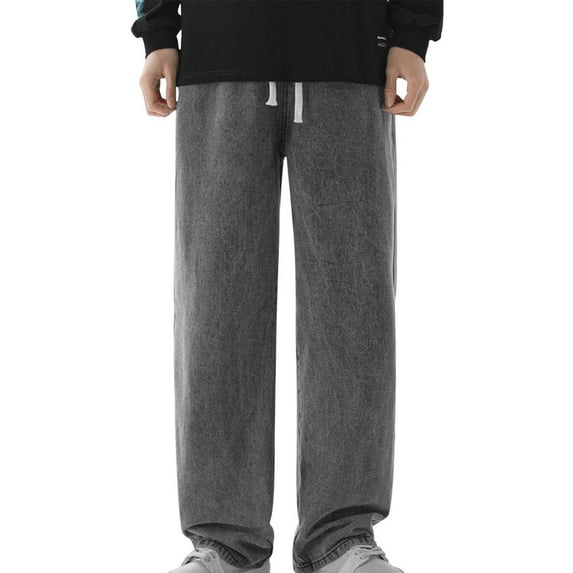 bbymog Baggy Jeans Men Plus Size Solid Color Drawstring Casual Wide Leg Pant Elastic Waist Jean with Pockets for Outdoor Workout Gray S