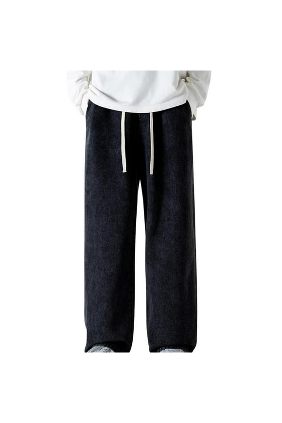 Baggy Jeans Men Solid Color Elastic Waist Drawstring Denim Pants Vintage Plus Size Casual Wide Leg Jean with Pockets Black A S