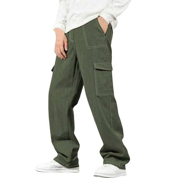 bbymog Baggy Sweatpants Men Solid Color Elastic Waist Lounge Jeans Casual Loose Wide Leg Pants with Pocket Army Green L