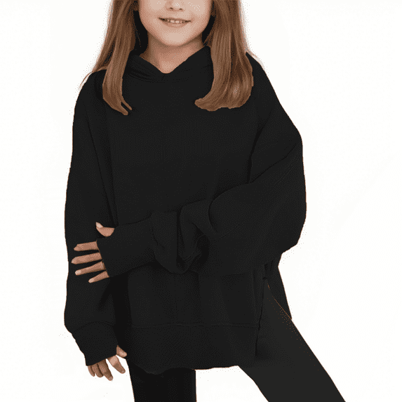bbymog Basic Black Hoodies for Teen Girls Fashion Solid Color Long Sleeve Hoodie Sweatshirt with Thumb Hole Black 5 Years