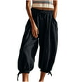 thumbnail image 1 of bbymog Beach Pants for Women Solid Color Cropped Pants Baggy Casual Lantern Pant Drawstring Elastic Waist Wide Leg Pants with Pockets Black M, 1 of 6