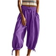 thumbnail image 1 of bbymog Beach Pants for Women Solid Color Cropped Pants Baggy Casual Lantern Pant Drawstring Elastic Waist Wide Leg Pants with Pockets Purple XL, 1 of 6