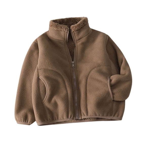 bbymog Boys Fleece Jacket with Pocket Solid Color Long Sleeve Zip Up Jackets for Girls Boys Winter Coat Coffee 7-8Years
