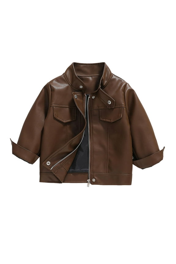 Boys Leather Jacket with Zipper Boys' Fashion Solid Color Motorcycle Jackets Fall Winter Long Sleeve Coat for Boys and Girls Brown 5-6Years