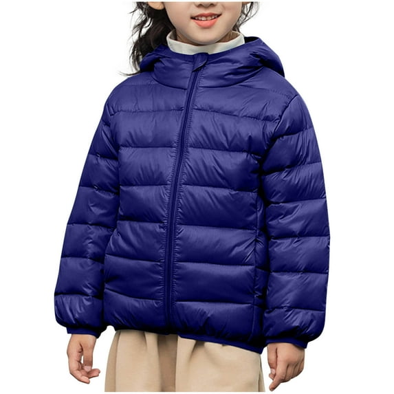 bbymog Boys and Girls Winter Coat Solid Color Thick Warm Hooded Puffer Jacket with Pocket Kids Outerwear Coats Girls Clothes Navy 6-7Years