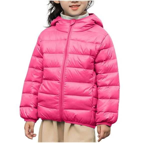 bbymog Boys and Girls Winter Coat Solid Color Thick Warm Hooded Puffer Jacket with Pocket Kids Outerwear Coats Girls Clothes Pink 6-7Years