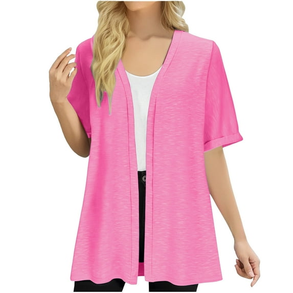 bbymog Cardigan Sweaters for Women Open Front Short Sleeve Knit Cardigans Casual Lightweight Cardigans for Women Fall Outfits Hot Pink XXL