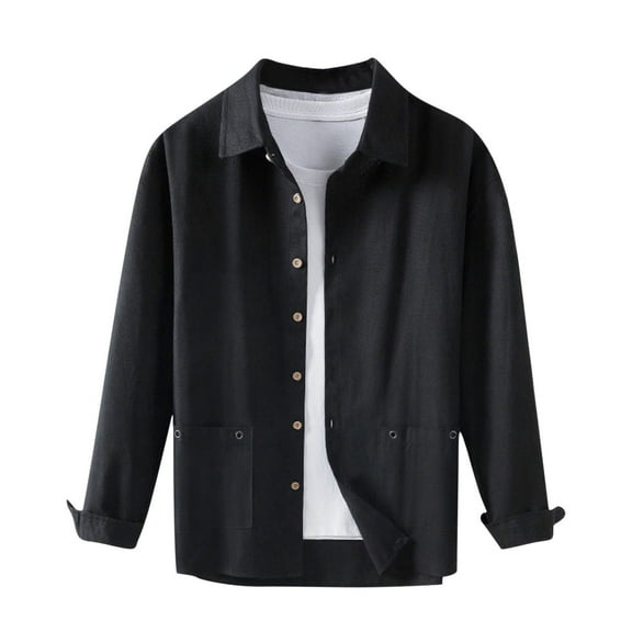 bbymog Clothes for Men Solid Color Turndown Collar Shirt Long Sleeve Casual Outerwear Loose Lightweight Oversized Jacket with Button Black XXL