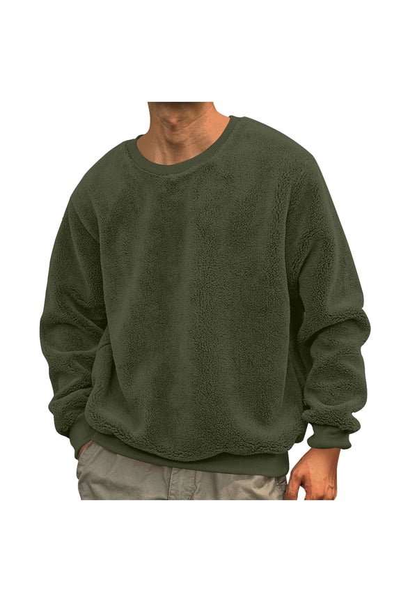 Crewneck Sweatshirt Men Fall Winter Long Sleeve Sweat Shirts Lounge Solid Color Oversized Pullover Top for Outdoor Workout Army Green XXL