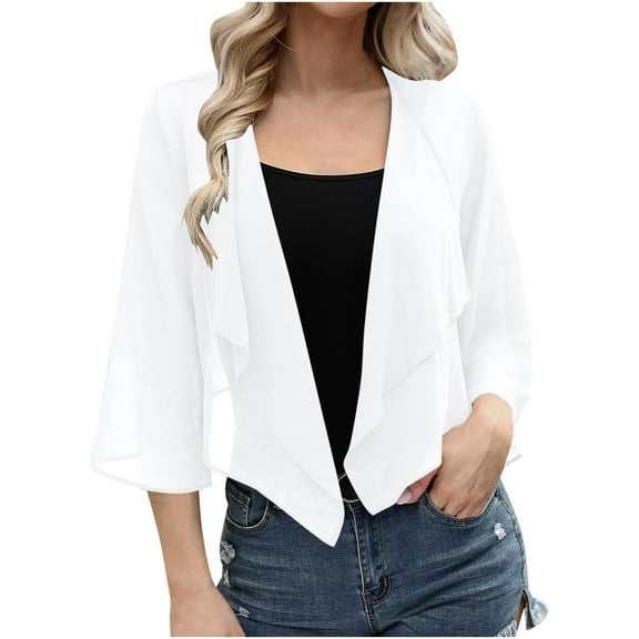 bbymog Cropped Cardigan for Women 3/4 Sleeve Open Front Cardigans Chiffon Casual Lightweight Cardigans for Women Fall Outfits White XXL