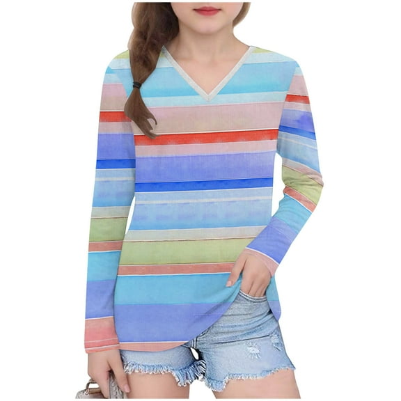 bbymog Cute Tops for Girls 10-12 Fashion Stripe V Neck Long Sleeve T Shirts Casual Tees Girls Clothes Blue 4 Years