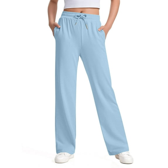 bbymog Elastic Waist Sweatpants for Girls Solid Color Casual Straight Pants for Girls with Pocket Blue 5 Years