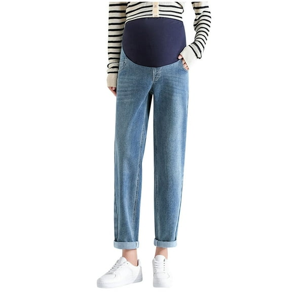 bbymog Fall Maternity Pants with Pocket Casual Loose Over The Belly Straight Denim Pregnancy Pants Light Blue H XXL
